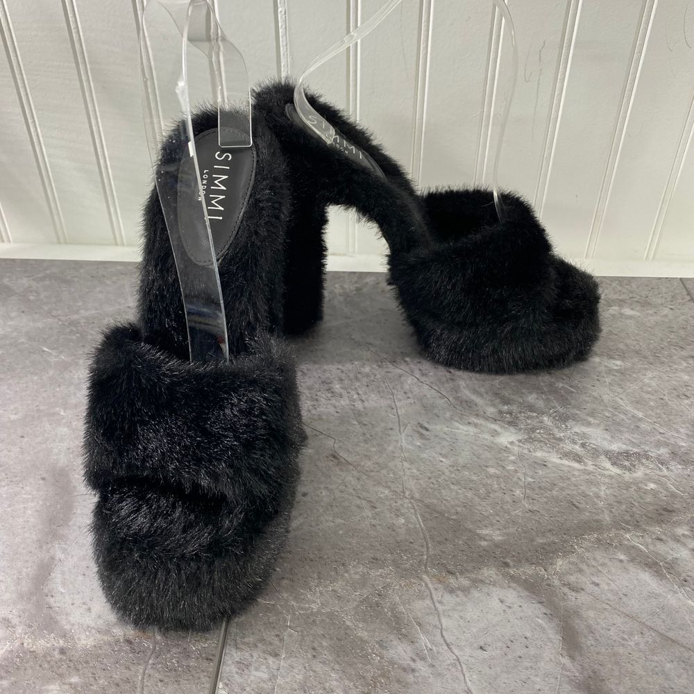 SIMMI Womens 7‎ London Black Faux Fur Platform Heeled Sandals Fuzzy Chunky Party - Picture 2 of 10